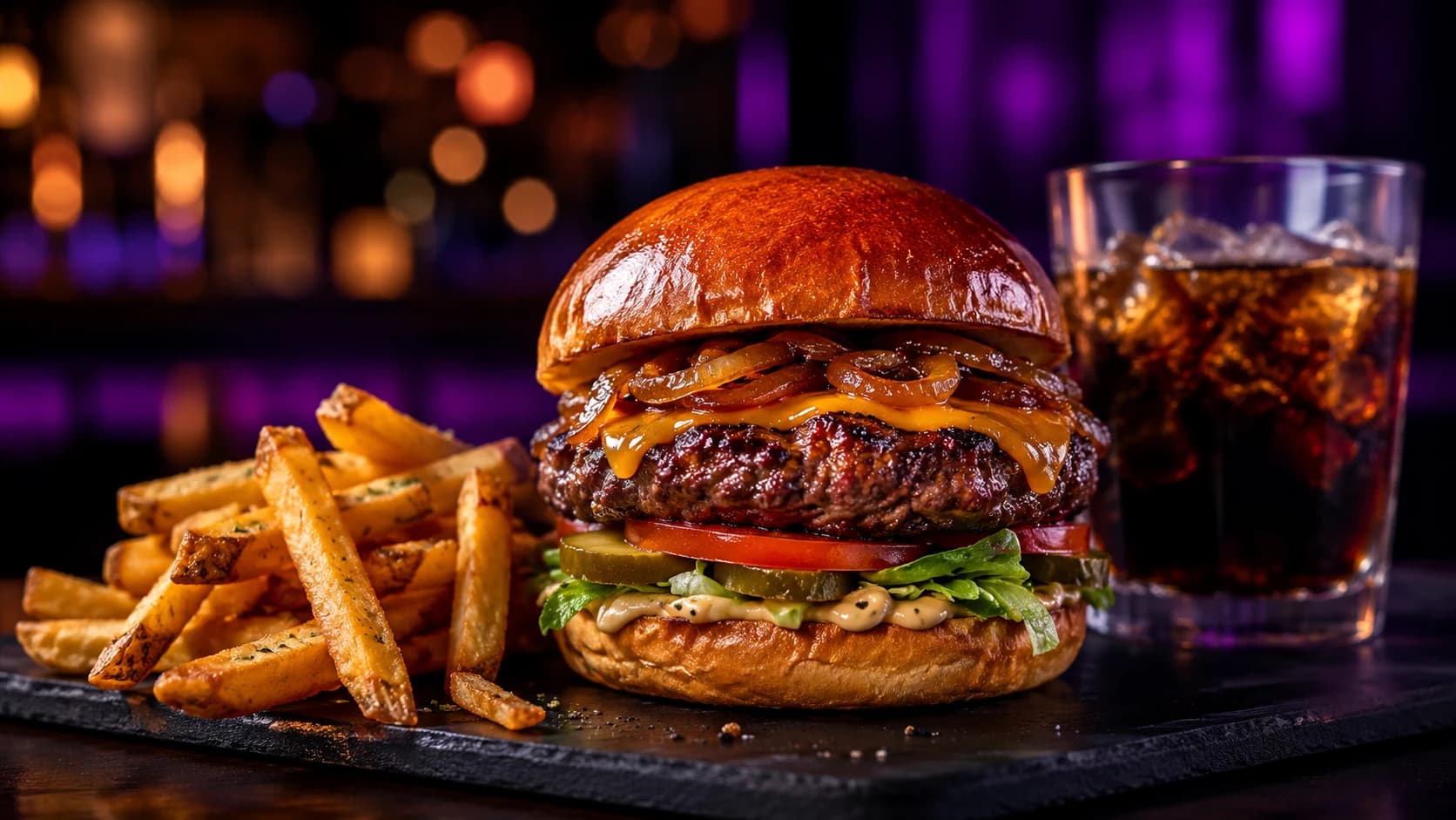 Hamburguesa gourmet con papas y bebida